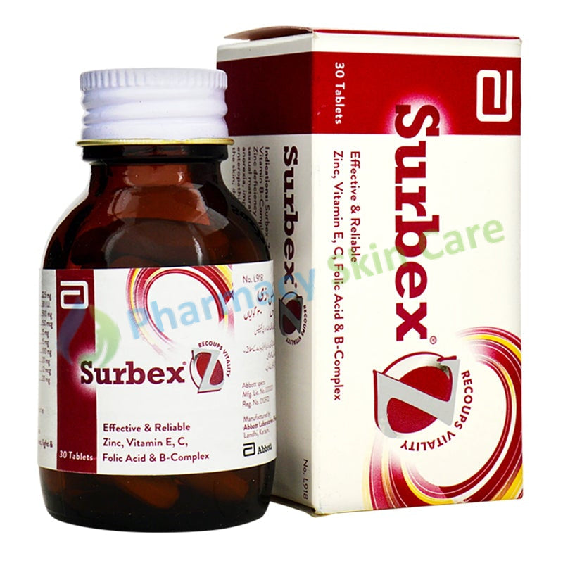 Surbex Z Tablet Abbott Laboratories Pakistan_ Ltd Vitamin Supplement Nicotinamide 100mg_ Vitamin B2 15mg_ Thiamine Hcl Vitamin B1 5mg_ Vitamin E 30iu_ Zinc Oxide 22.5mg